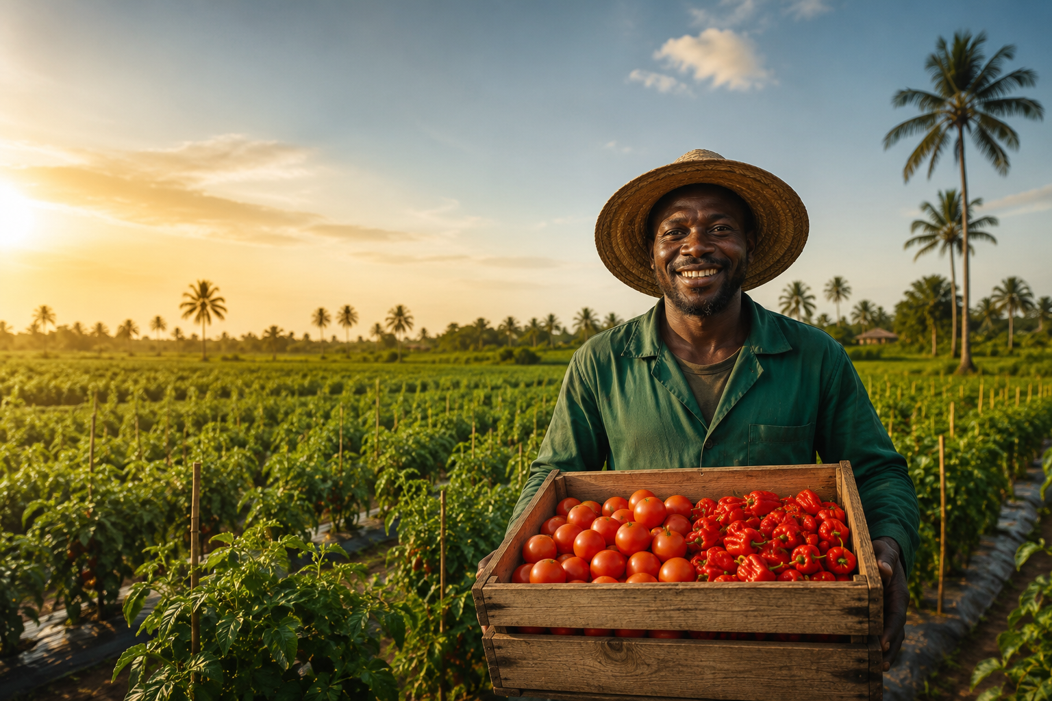 Nigerian farmer harvesting tomatoes at golden hour