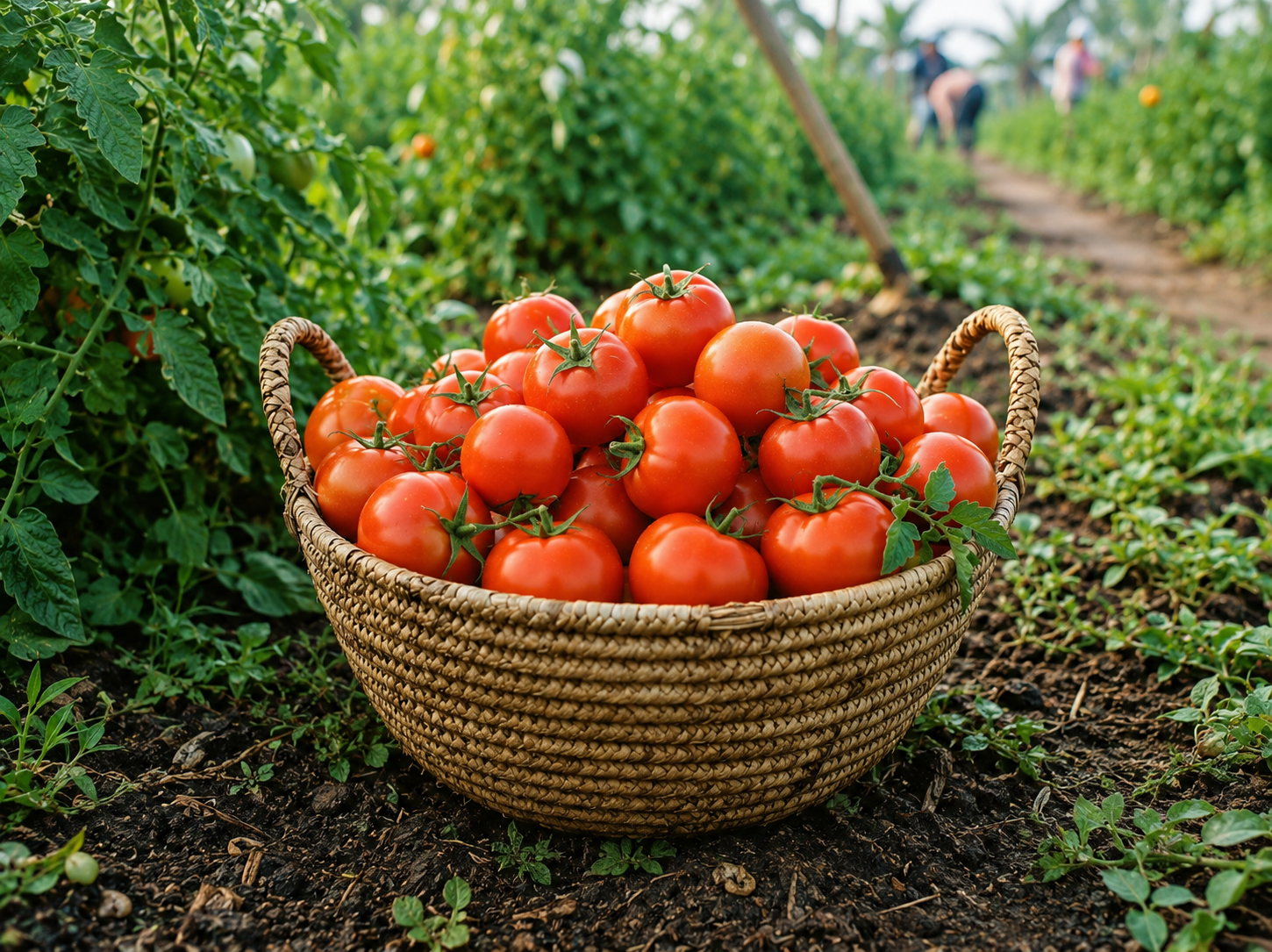 Freshly harvested tomatoes in a raffia basket